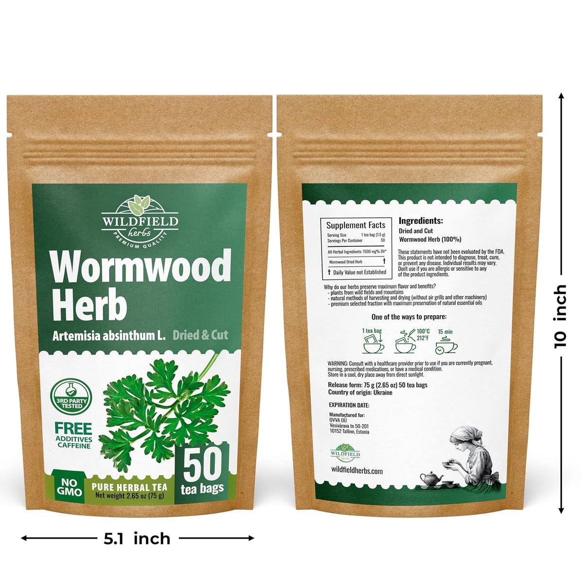50 Bags Wormwood Herbal Tea (Artemisia Absinthum L.) – 50 Tea Bags 1.5g Absinthe Wormwood Herb