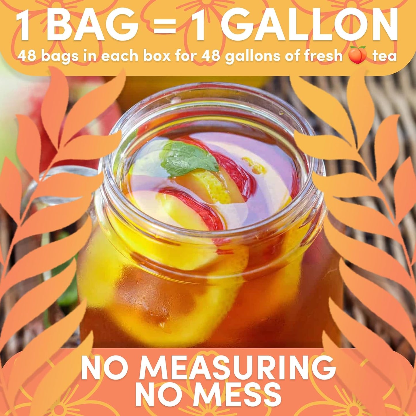 Peach Flavored Iced Tea Bags, 1 Gallon Tea Bags, 48 Count, Bulk Black Tea Iced Tea Packs, Peach Tea Bags for Restaurants, Cafes, Foodservice &amp; Home Brewing