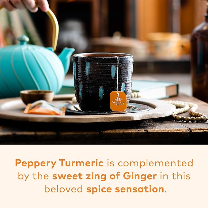 Organic India Tulsi Tumeric Ginger Herbal Tea - Stress Relieving & Harmonizing, Immune Support, Aids Digestion, Vegan, Caffeine-Free