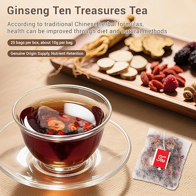 Ginseng Ten Treasures Kidney Tea, Natural Ginseng & Mulberry Herbal Tea kidney cleanse detox & repair Teabags for Men Women