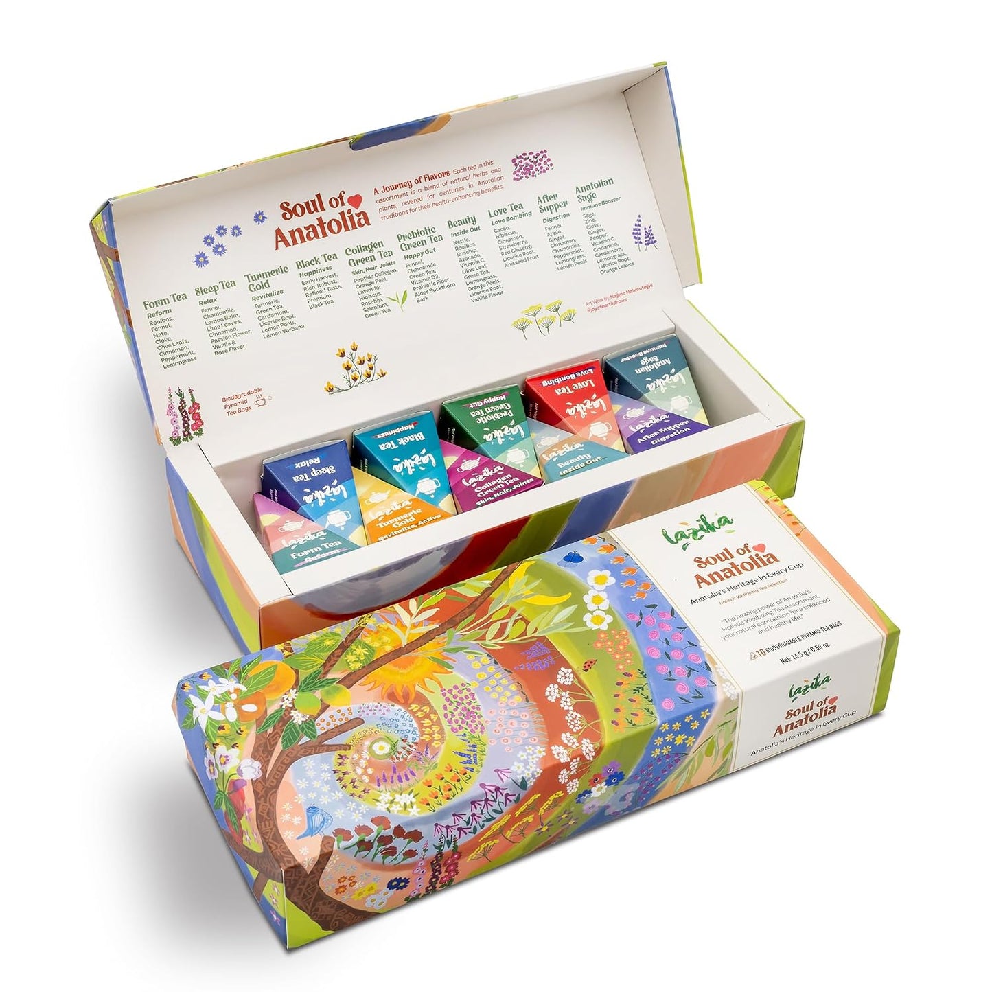 Lazika Tea Sampler with Lovely Presentation Box, 10 Counts, 2 of Each Blend Individually Wrapped, Black, Green and Herbal Tea Variety Gift Set