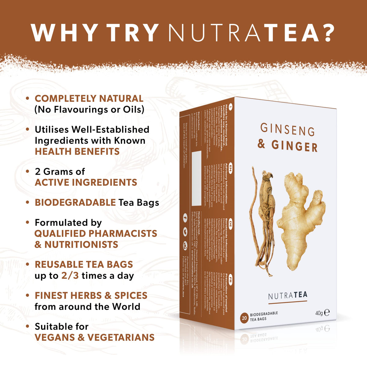 Nutra Tea Ginger & Ginseng Tea | Ginger Tea - 50% Ginger & 50% Ginseng Herbal Infusion - Caffeine Free, Natural Herbal Blend