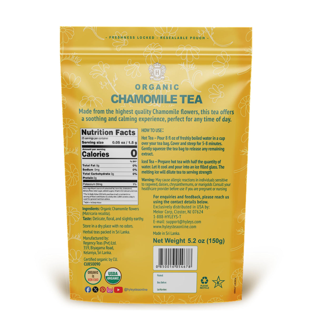 Hyleys Chamomile Tea Organic, Caffeine Free Herbal Tea, 100 Tea Bags