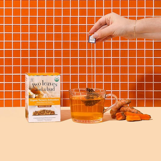 Two Leaves and a Bud Organic Turmeric Tea, Naturally Caffeine Free, Whole Leaf Herbal Tea in Sachets, 15 Count (Pack of 6)