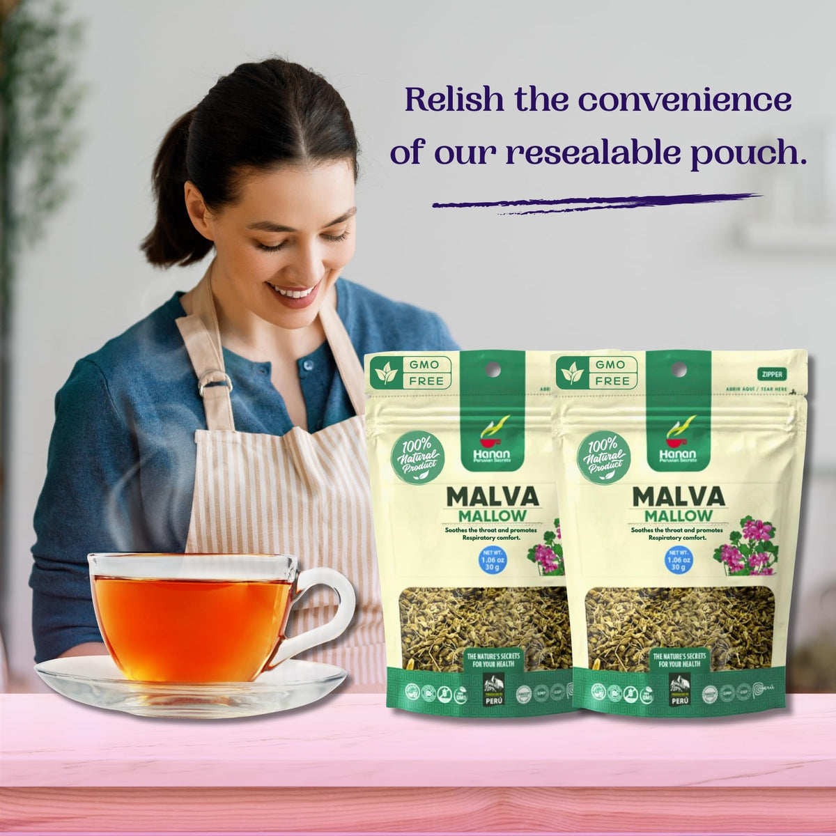HANAN PERUVIAN SECRETS Hanan Mallow Tea Loose Leaf - Te de Malva 30g Herbal Tea Dried Malva Sylvestris Plant Leaves from Peru