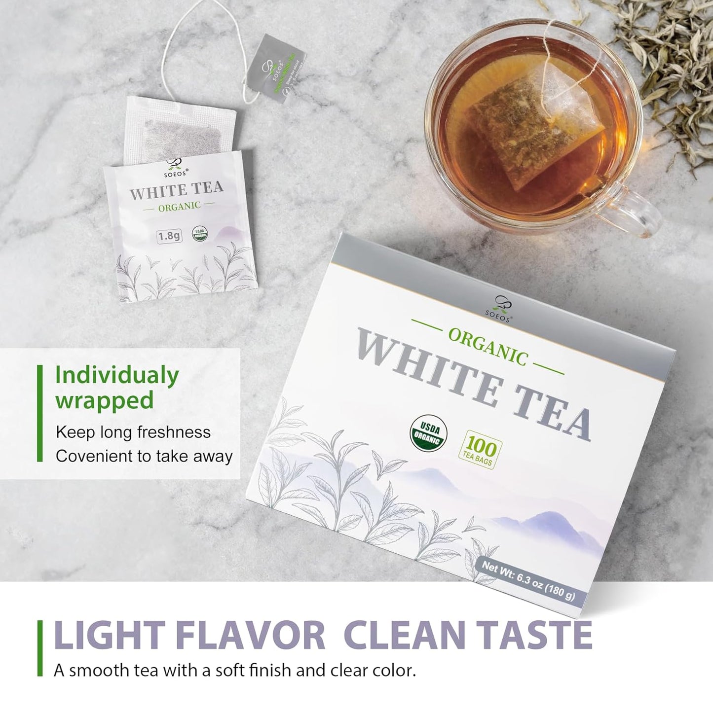 Soeos Organic White Tea, 100 Tea Bags, Pack of 2, Total 200 Teabags, Individually Wrapped Teabags, Low Caffeine, Subtle Floral Aroma & Smooth Taste, Quality Tea for Everyday Brewing, Perfect for Hot or Iced Tea Lovers, 6.3oz (180g) of Each