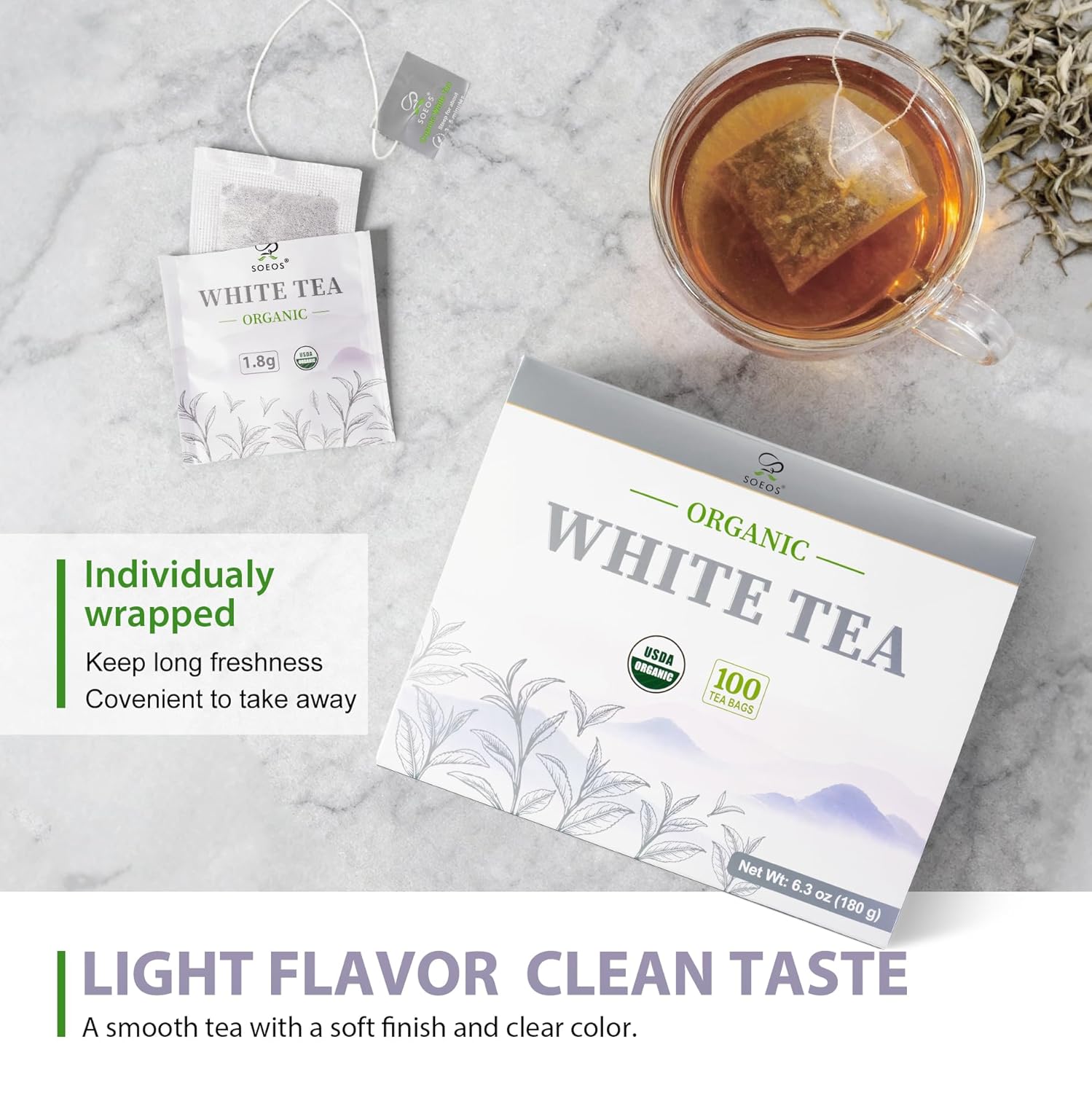 Soeos Organic White Tea, 100 Tea Bags, Pack of 2, Total 200 Teabags, Individually Wrapped Teabags, Low Caffeine, Subtle Floral Aroma & Smooth Taste, Quality Tea for Everyday Brewing, Perfect for Hot or Iced Tea Lovers, 6.3oz (180g) of Each