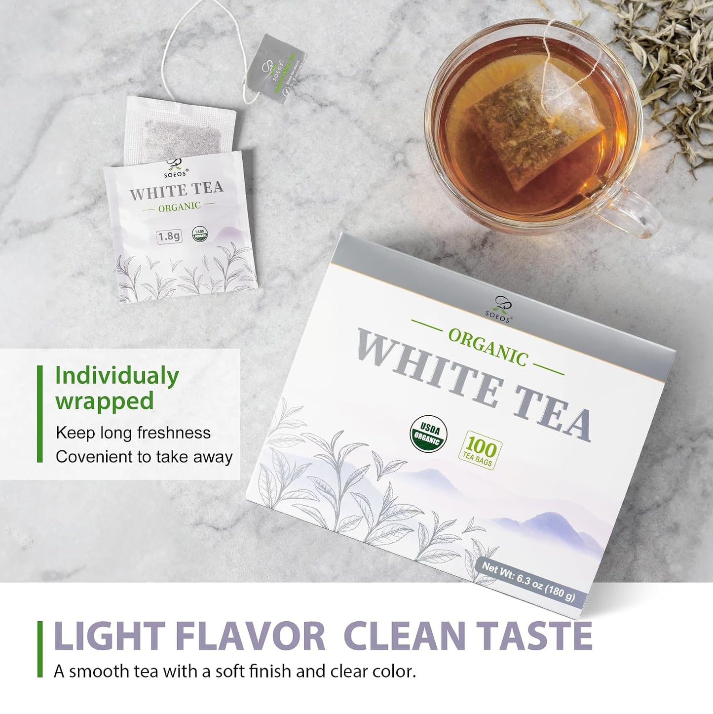 Soeos Organic White Tea, 100 Tea Bags, Pack of 2, Total 200 Teabags, Individually Wrapped Teabags, Low Caffeine, Subtle Floral Aroma &amp; Smooth Taste, Quality Tea for Everyday Brewing, Perfect for Hot or Iced Tea Lovers, 6.3oz (180g) of Each