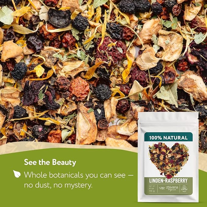 Linden & Raspberry Herbal Tea Loose Leaf – Fruity Tea with Raspberry Leaf & Fruit, Lemon Balm & Elderflower – No Caffeine