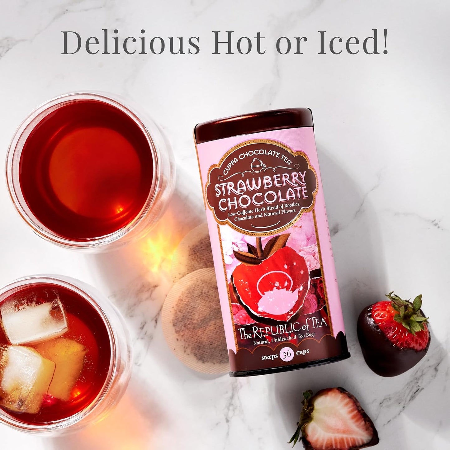 The Republic of Tea Cuppa Chocolate Strawberry Herbal Tea, 36 Count | Low Caffeine. A gentle cup for everyday sipping. Mellow rooibos with notes of soft vanilla and cocoa richness.