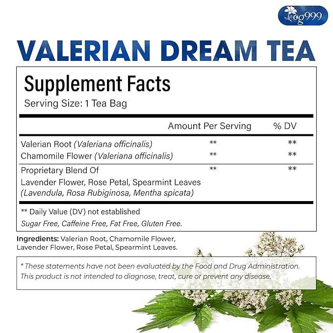 TOG999, Premium Valerian Dream Tea Bags | 60 Count | Herbal Blend with Valerian Root, Chamomile, Lavender, Rose Petal & Spearmint | Naturally Caffeine-Free, Relaxing Evening Tea. Vegan