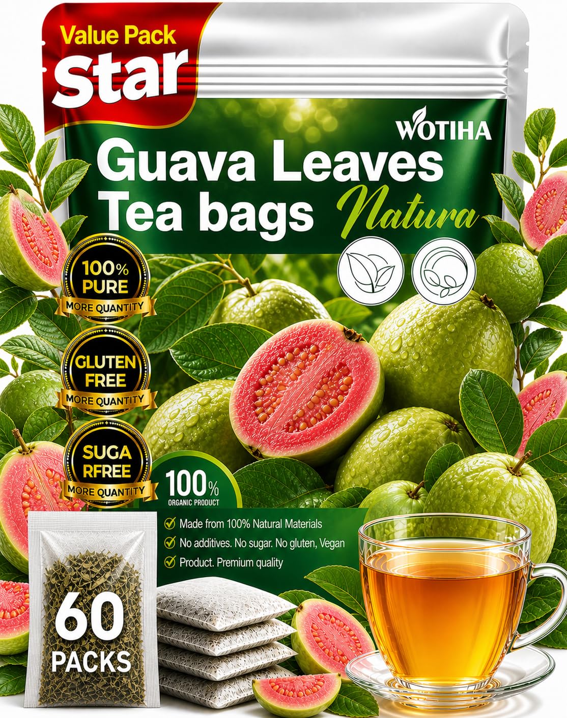 WOTIHA Premium 60 Guava Leaf Tea Bags (Hojas De Guayaba) - 100% Natural guava leaves
