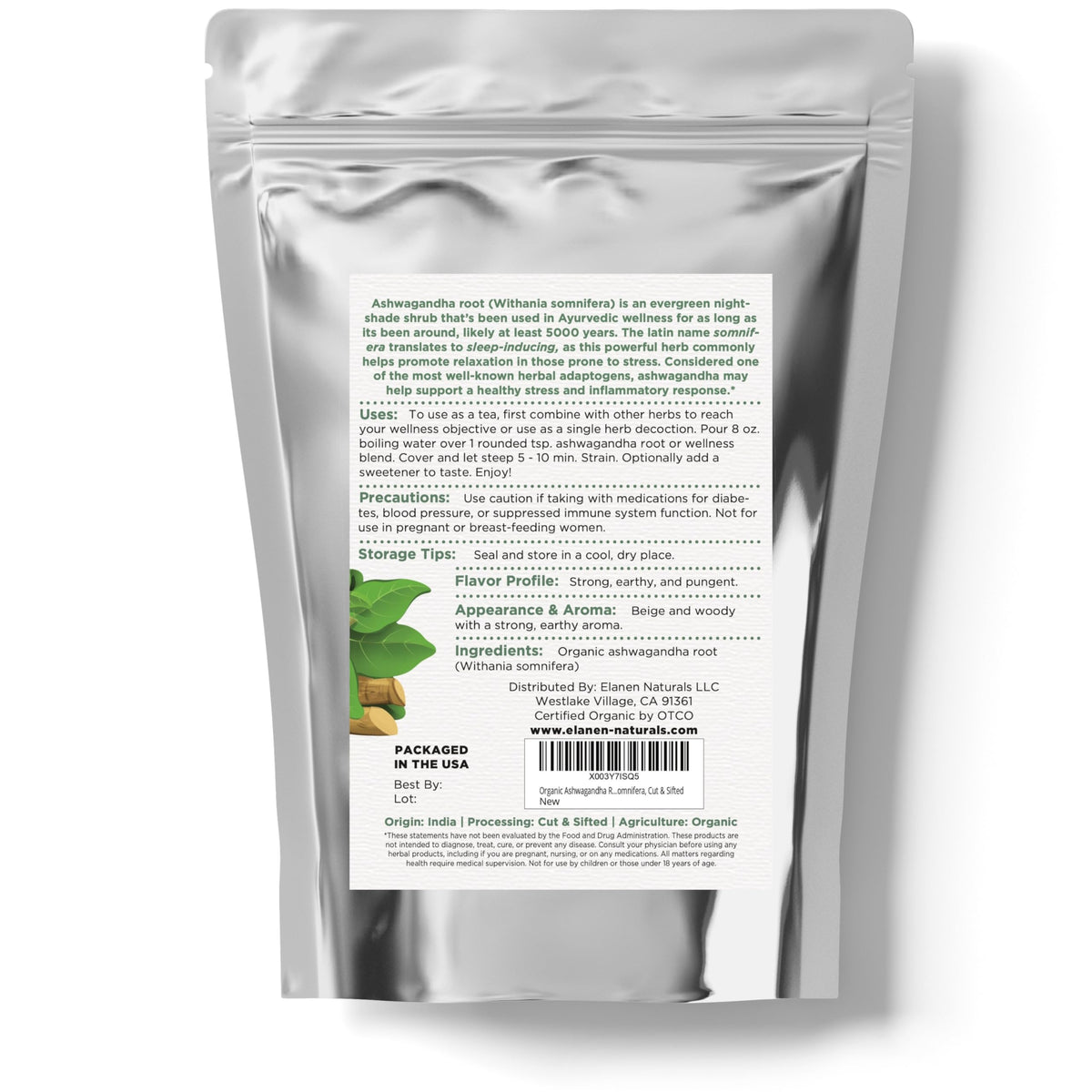 Elanen Naturals Organic Ashwagandha Root 4 oz. (113g), USDA Certified Organic Ashwagandha Root Loose Leaf Tea, Dried Withania