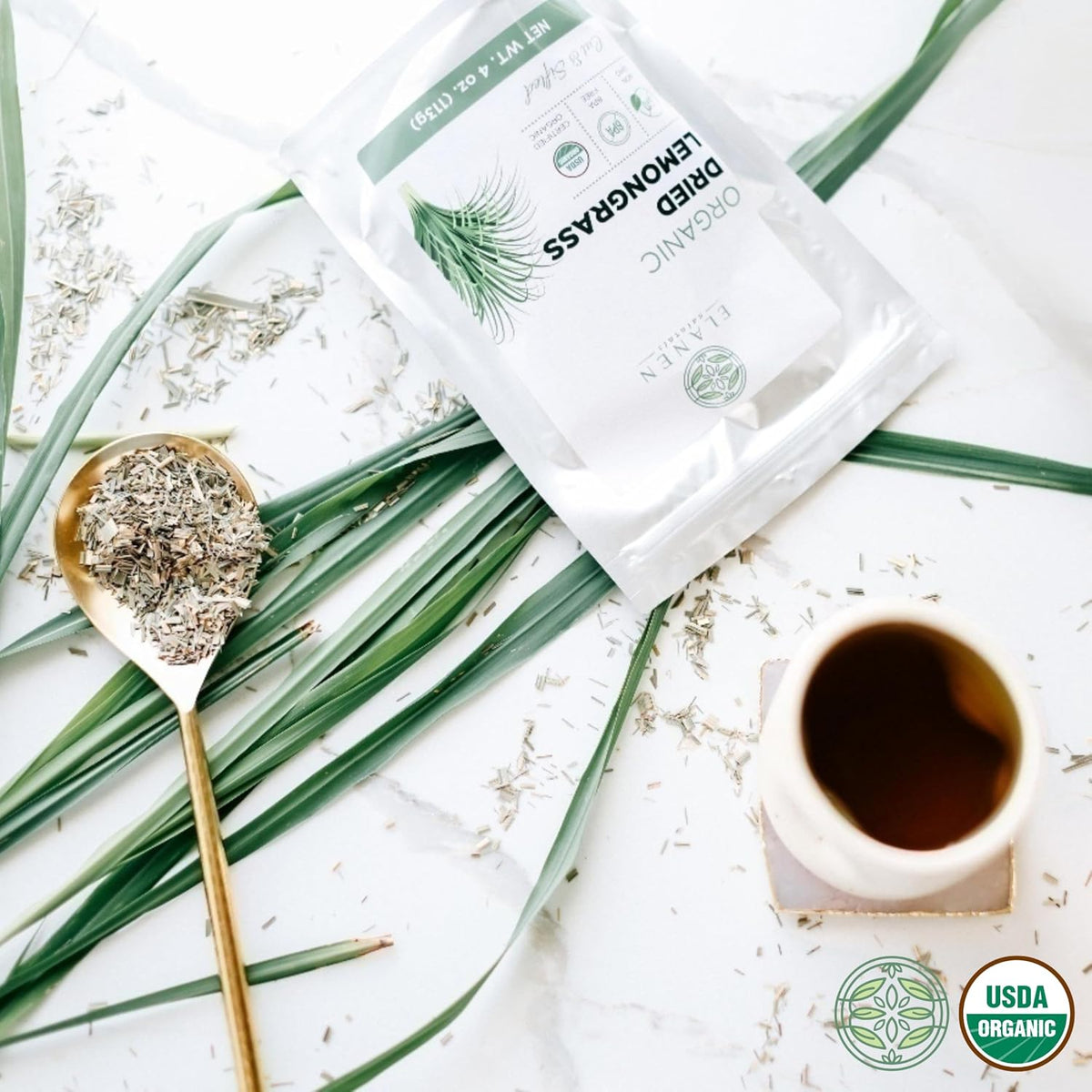 Elanen Naturals Organic Dried Lemongrass Tea 4 oz. (113g), USDA Certified Organic Lemon Grass Herb Leaf, Lemin Fever Grass, Te De Limon, Lemingrass Loose Leaves, Dried Lemongrass Bulk, Cut &amp; Sifted