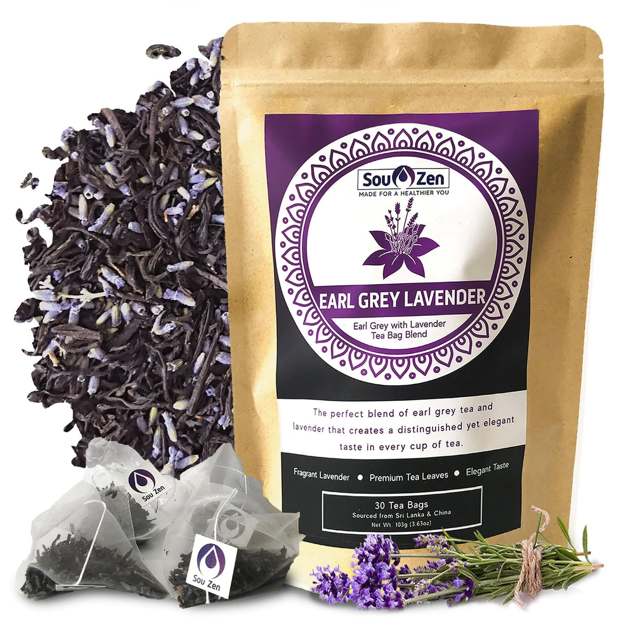 Sou Zen Earl Grey Lavender 30 Corn-Fiber Pyramid Tea Bags, Premium Loose Leaf Blend with Bergamot & Lavender, Naturally Organic Ingredients