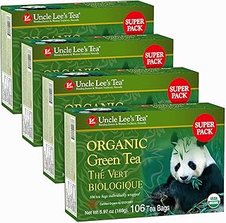 Uncle Lee's Organic Green Tea Bags 4-Pack, 106-Count Super Packs – Bright & Refreshing, Lightly Caffeinated Bulk Tea for Home, Office, Camping
