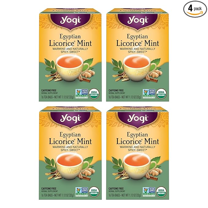 Yogi Tea Egyptian Licorice Mint Tea - 16 Tea Bags per Pack (4 Packs) - Caffeine-Free Organic Tea - Includes Peppermint Leaf, Licorice Root