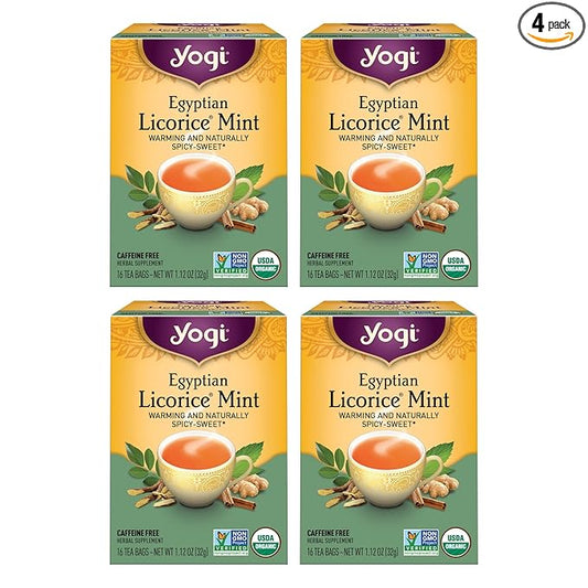 Yogi Tea Egyptian Licorice Mint Tea - 16 Tea Bags per Pack (4 Packs) - Caffeine-Free Organic Tea - Includes Peppermint Leaf, Licorice Root