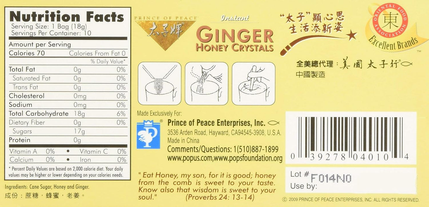 Prince Of Peace Ginger Honey Instant Crystal Tea - 10 bags per pack - 6 packs per case.