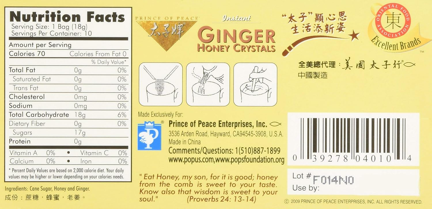 Prince Of Peace Ginger Honey Instant Crystal Tea - 10 bags per pack - 6 packs per case.