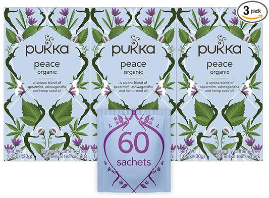 Pukka Organic Tea Bags, Spearmint, Ashwagandha, and Hemp Seed Oil, Peace Herbal Tea, 20 Count (Pack of 3)