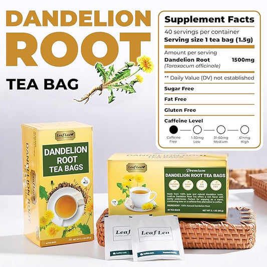 LeafLea 80 Dandelion Tea Bags, All Natural and Pure Dandelion Root Tea, Supports Digestion & Immune Health, Individually Wrapped Tea Bags, Caffeine-Free, Vegan, No Sugar, Gluten-Free, Non-GMO, 2 Pack