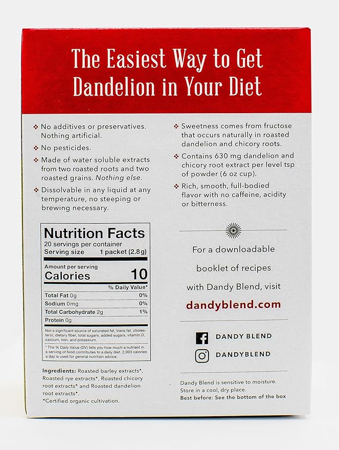 20 Organic Individual Servings of Dandy Blend Instant Herbal Beverage Powder with Dandelion, 2 oz Box