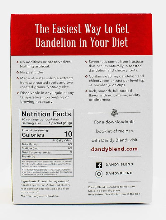 20 Organic Individual Servings of Dandy Blend Instant Herbal Beverage Powder with Dandelion, 2 oz Box