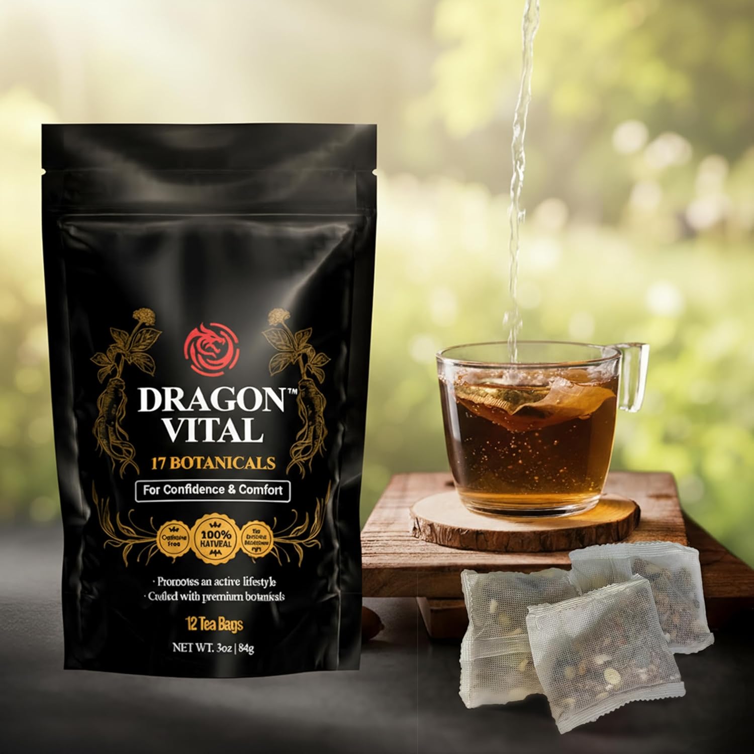 Dragon Vital Herbal Tea with Ginseng & Maca – Natural Energy Support | Caffeine-Free Botanical Blend for Vitality & Active Living | All natural - NON-GMO & No Preservatives |12 Tea Bags | by Robutop