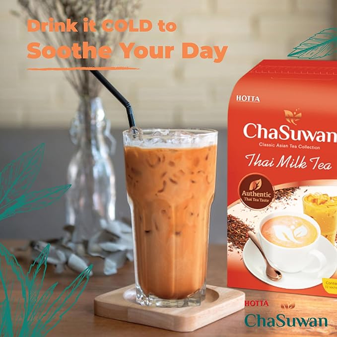 HOTTA ChaSuwan Instant Thai Milk Tea Mix – Authentic Black Tea from Thailand, Easy to Prepare for Iced & Hot Tea, Boba Drinks – 12 Sachets