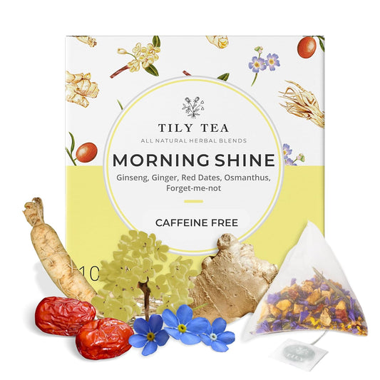 Tily Tea Morning Shine Breakfast Tea - Natural Herbal Tea - Ginger and Ginseng - Caffeine Free - 10 Plastic-Free Teabags