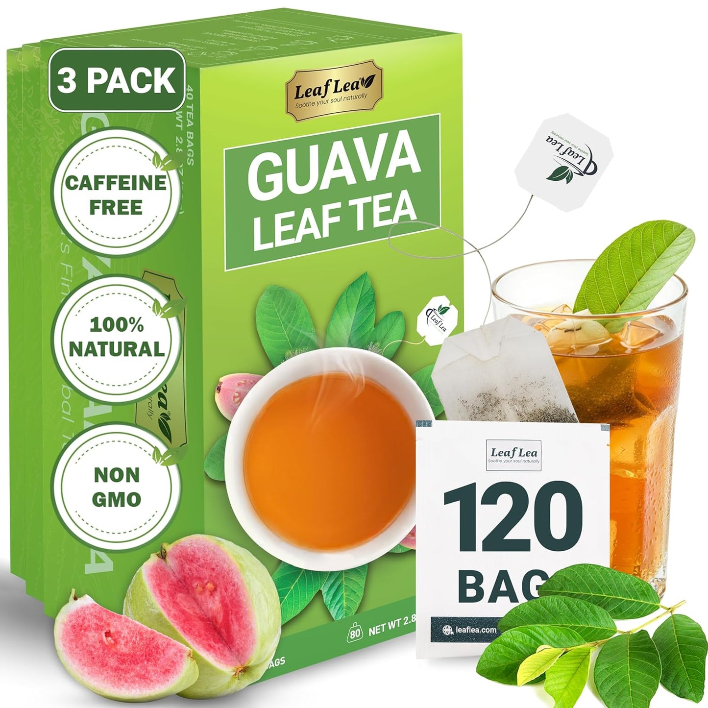 LeafLea Guava Leaf Tea Bags, Guava Leaves Tea, Caffeine-Free, 120 Count