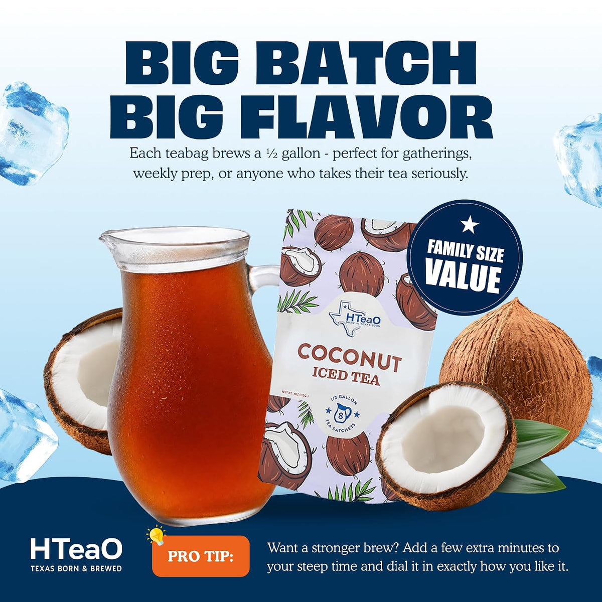 HTeaO Coconut Iced Tea Bags - Makes 4 Gallons - Texas Style - Black Tea