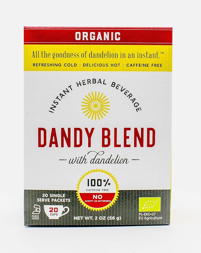 20 Organic Individual Servings of Dandy Blend Instant Herbal Beverage Powder with Dandelion, 2 oz Box