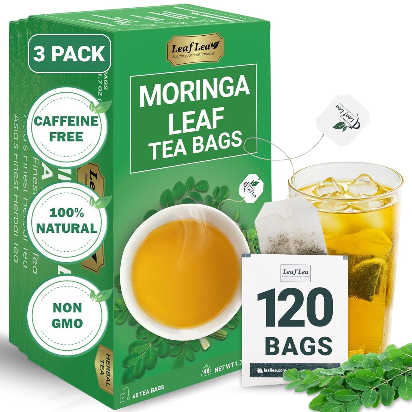 LeafLea Moringa Tea Bags, Natural Moringa Leaf Herbal Tea, 120 Count