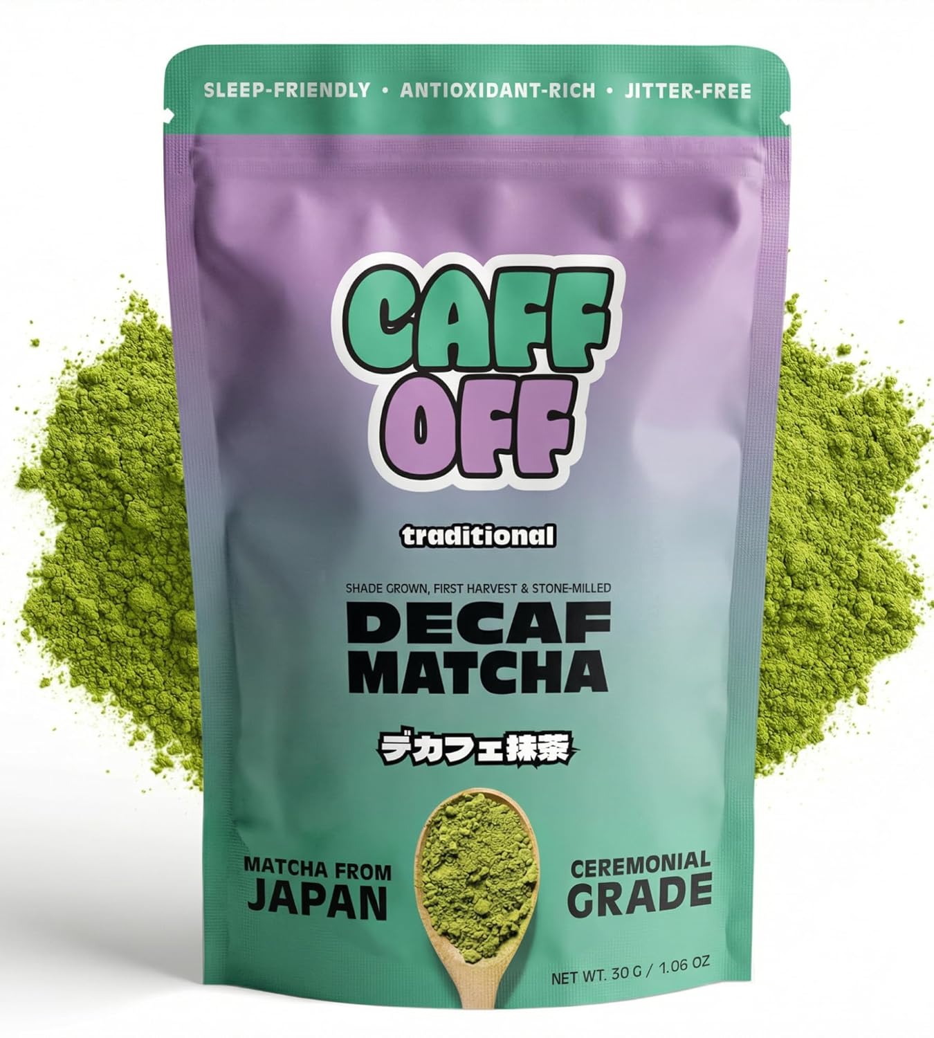 Caff Off Decaf Matcha Green Tea Powder From Japan – Small Premium Bag - 1.06 oz / 30 g – Ceremonial Grade – Naturally Decaffeinated Without Chemicals – Tested for Heavy Metals