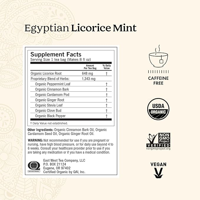 Yogi Tea Egyptian Licorice Mint Tea - 16 Tea Bags per Pack (4 Packs) - Caffeine-Free Organic Tea - Includes Peppermint Leaf, Licorice Root