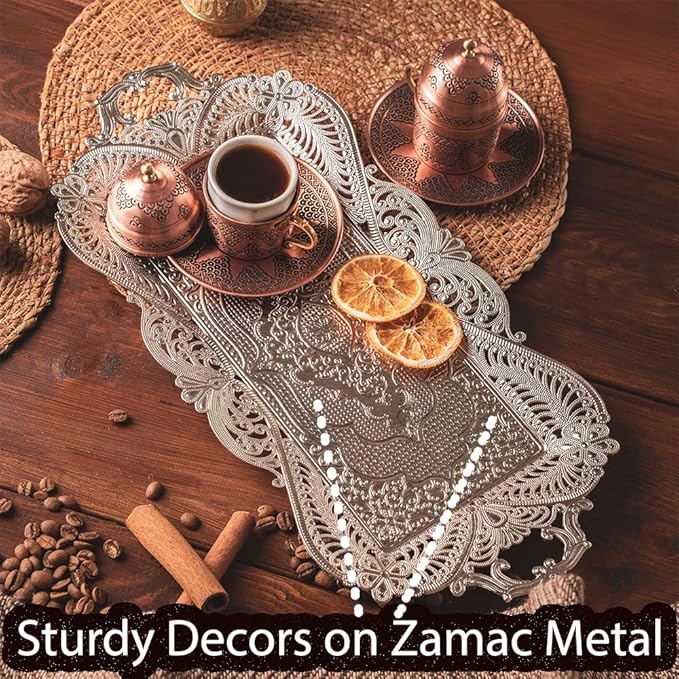 Small Silver Turkish Metal Coffee Tea Serving Tray Table Home Decor Decorative Handles