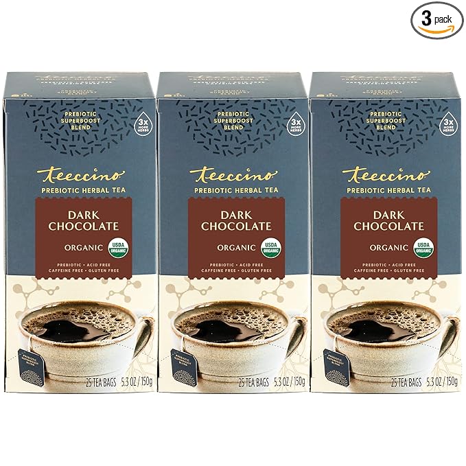 Teeccino Dark Chocolate - Prebiotic SuperBoost™ Herbal Tea - Support Your Probiotics with Vegan GOS & Organic XOS For Good Gut Health and Regularity, Digestive Chocolate Tea, 25 Tea Bags (Pack of 3)