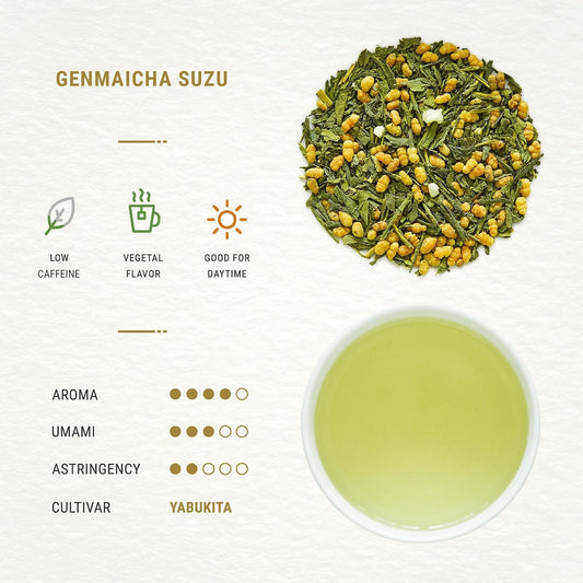 Senbird Loose Brown Rice Green Tea with Matcha - Genmaicha Suzu (3.5oz) | Kyoto sencha blended with roasted rice and mat