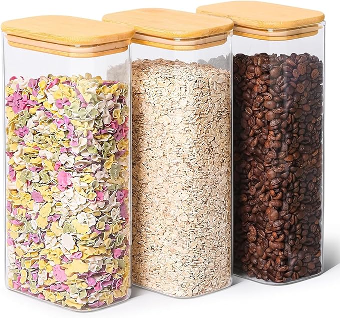 ComSaf 2 Qt Rectangle Glass Storage Containers with Lids, Glass Jars with Bamboo Lids, Clear Food Jar, Square Canister Set of 3