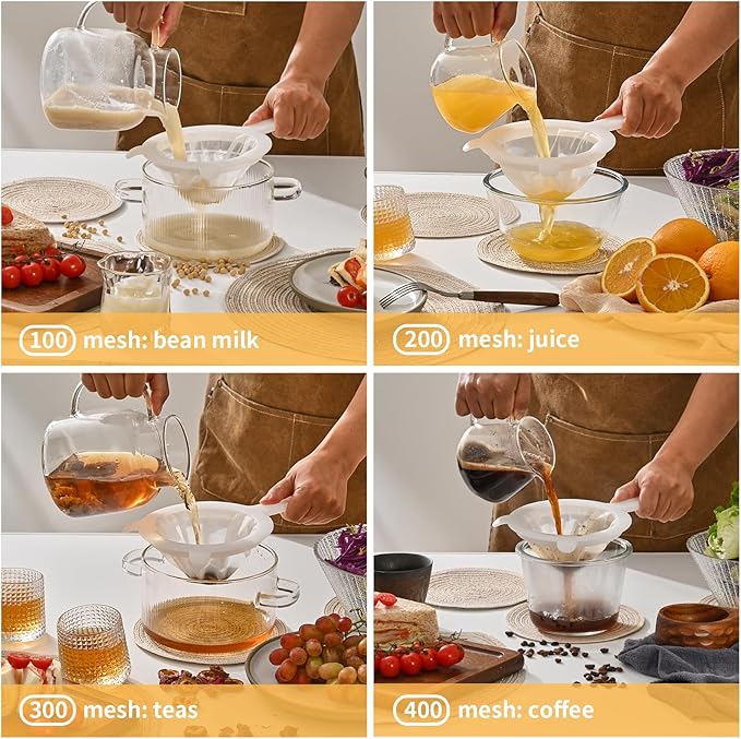 3-Piece Mesh Strainer Set with Handles & Hanging Loops, 100/200/300 Mesh, Nylon & Plastic Sieve for Tea, Coffee, Nut Milk, Juice, Broth, Smoothies, Reusable & Easy to Clean,Durable,Dishwarer Safe