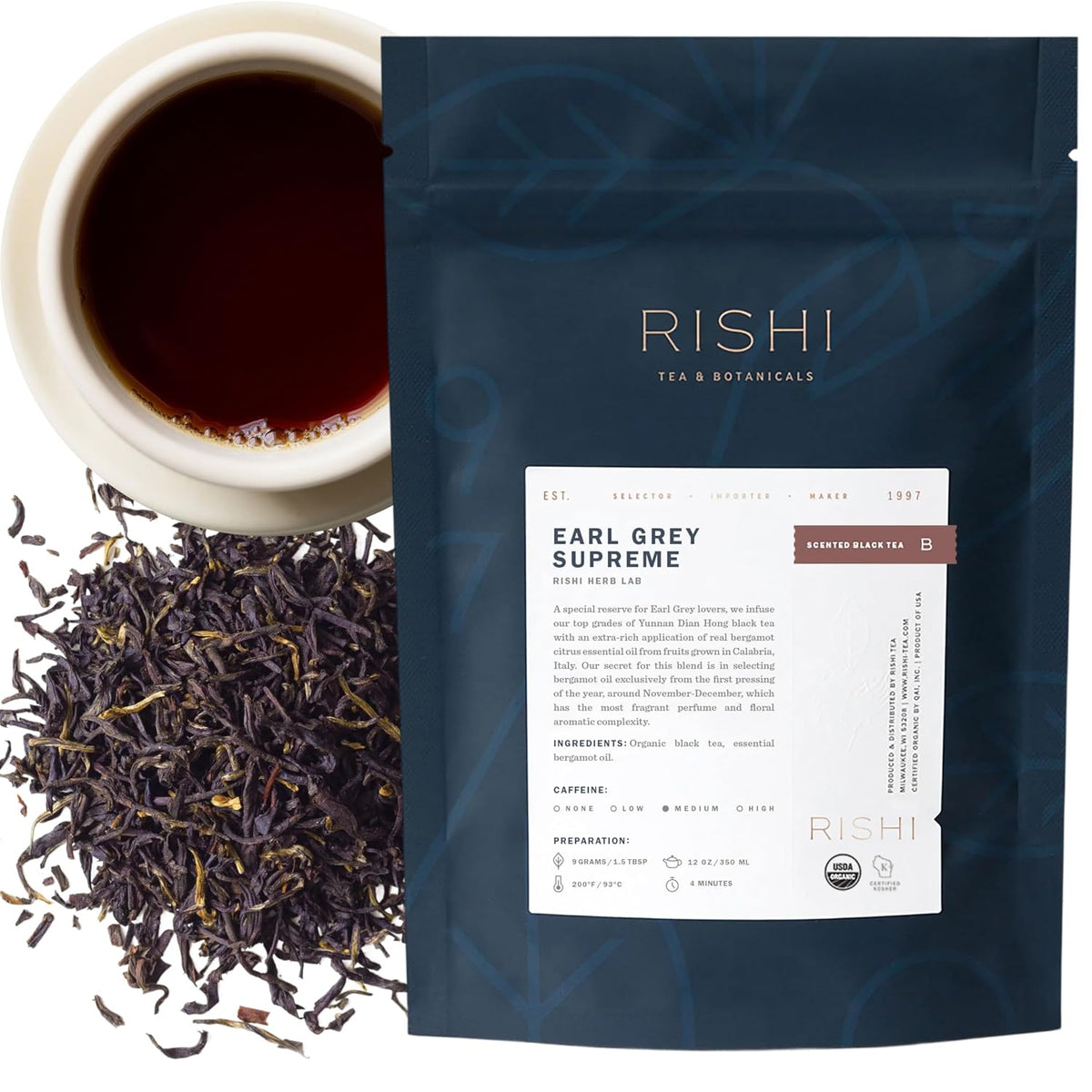 Rishi Tea Earl Grey Supreme Tea - Organic, Caffeinated Loose Leaf Tea with Bergamot Oil and Top Grade Yunnan Black Tea - 4 Ounces, 12+ Servings