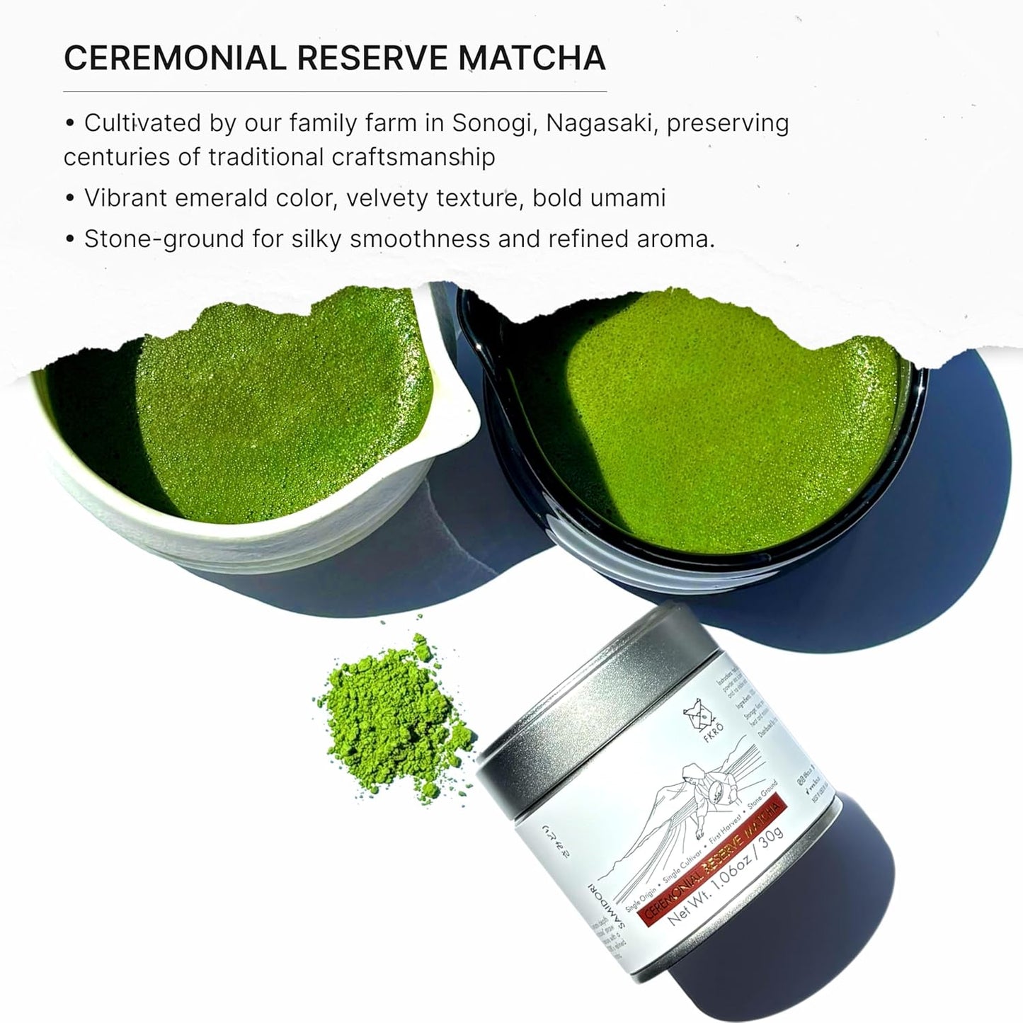 FKRO Ceremonial Reserve Matcha Samidori | 1st Harvest, Stone-Ground, Single Origin, Single Cultivar | Flown Fresh Monthly from Japan (30g/1.06oz) Tin