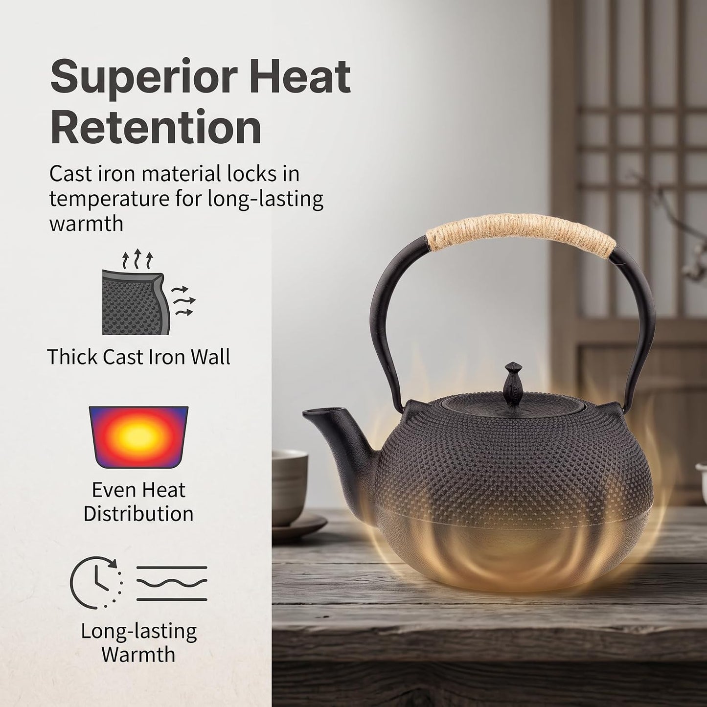 Big Cast Iron Teapot, Japanese Tetsubin Tea Kettle for Stovetop Safe, Cast Iron Tea Pot with Stainless Steel Infuser for Loose Tea and Enameled Interior(1800ml/60.9oz)