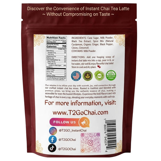 T2GO Instant Ginger Chai Tea Latte Powder – Just Add Water, 8 oz | Bold adrak ginger masala chai — real milk &amp; spices built in, ready in seconds