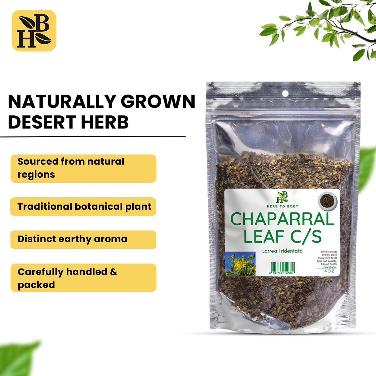 Herb To Body Chaparral Herb Leaf Cut & Sifted - 4oz, Larrea Tridentata for Herbal Tea, Chaparral Tea, Tinctures, Extracts