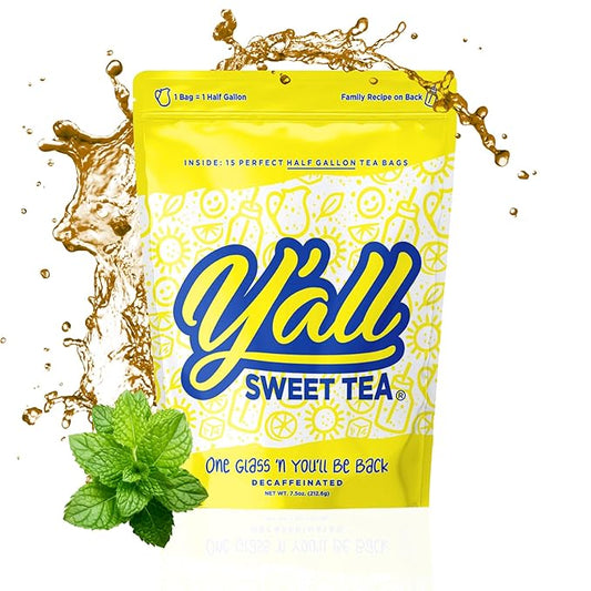 Y'all Sweet Tea - Decaf Iced Tea Bags Half Gallon Size in 7.5 Gallons Per Pack Quick Brew Authentic Southern Ice Tea Without Caffeine | As Seen on Shark Tank (Decaf)