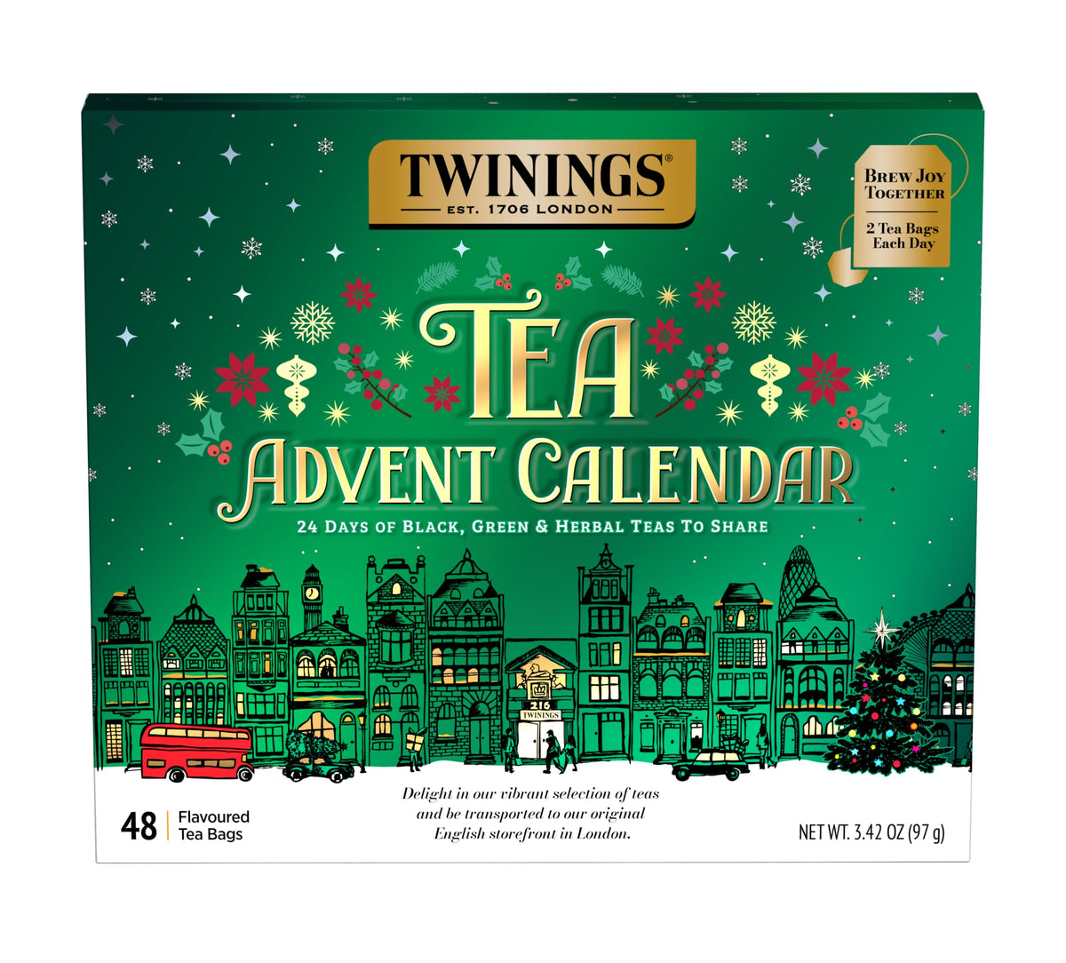 Twinings Tea Advent Calendar Gift Set, 24-Day Holiday Sampler with Black, Green & Herbal Teas, Christmas Countdown Box for