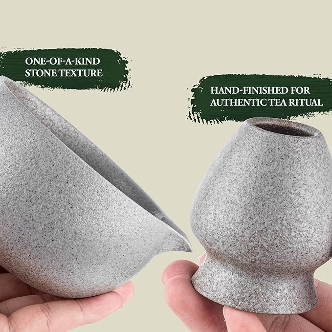 Stone-Texture Gray Matcha Whisk Set with Pouring Spout – Japanese Matcha Kit with Handcrafted Ceramic Bowl, Bamboo Whisk, Scoop